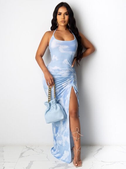 Tie-Dye Slit Drawstring Halter Neck Dress