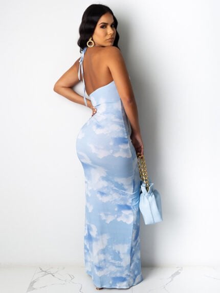 Tie-Dye Slit Drawstring Halter Neck Dress