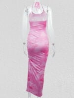 Tie-Dye Slit Drawstring Halter Neck Dress