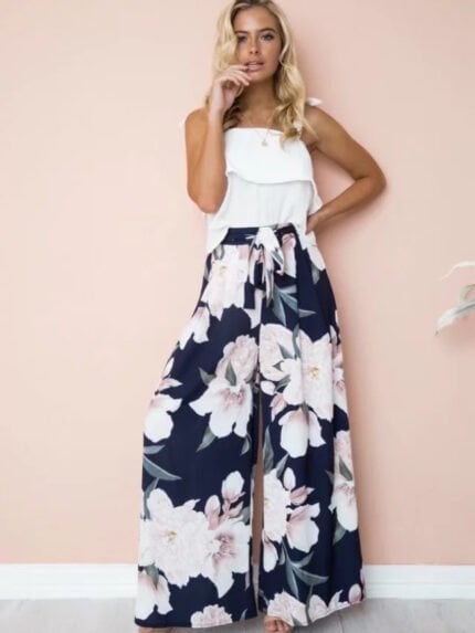 Tie Waist Flower Print Wide Leg Pants