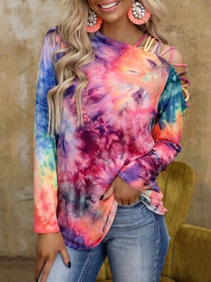 Tie-dye print off-the-shoulder T-shirt