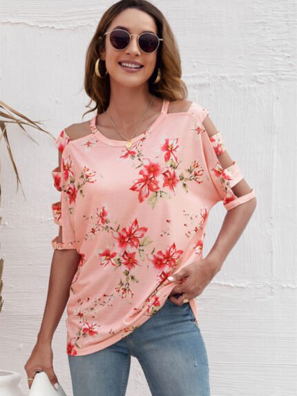 Trendy Floral Cutout Sleeves T-Shirt