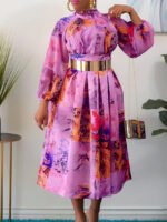 Trendy Mixed Print Puff Sleeve Dress with Belt