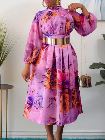 Trendy Mixed Print Puff Sleeve Dress with Belt