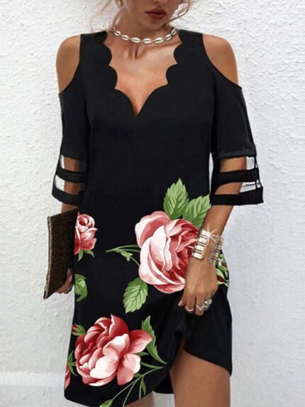 V Neck Cold Shoulder Print Dress