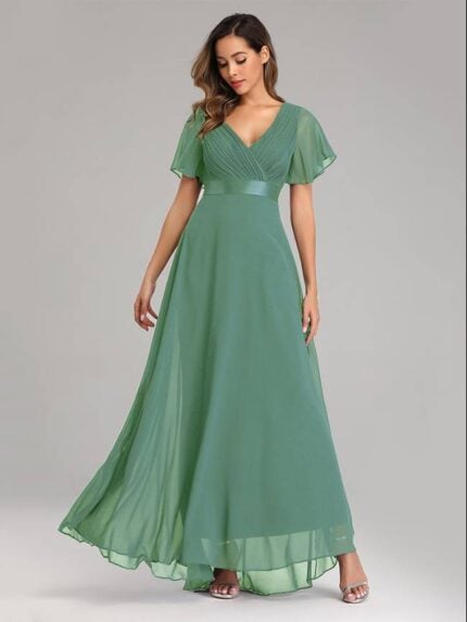 V-Neck Flared Sleeve Chiffon Dress