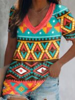 Wholesale V-Neck Geometric Print Short Sleeve T-Shirt