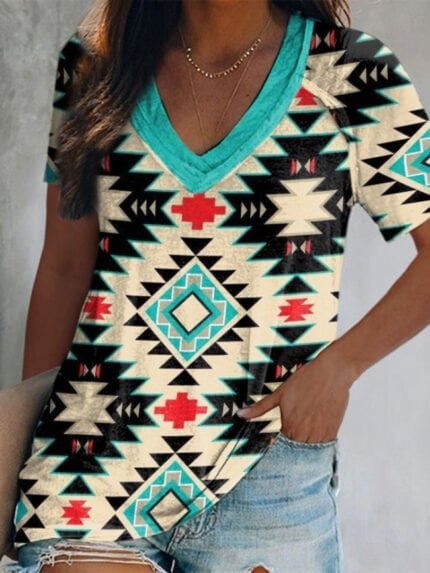 Wholesale V-Neck Geometric Print Short Sleeve T-Shirt