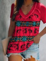 Wholesale V-Neck Geometric Print Short Sleeve T-Shirt