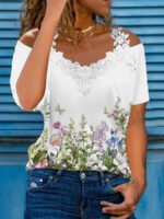 V-Neck Lace Sling Casual Print Top