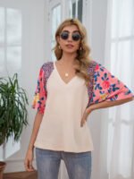 Wholesale V-Neck Leopard Print Floral Panel Top