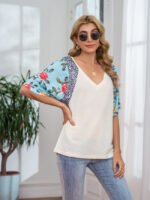 Wholesale V-Neck Leopard Print Floral Panel Top