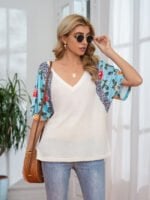 Wholesale V-Neck Leopard Print Floral Panel Top