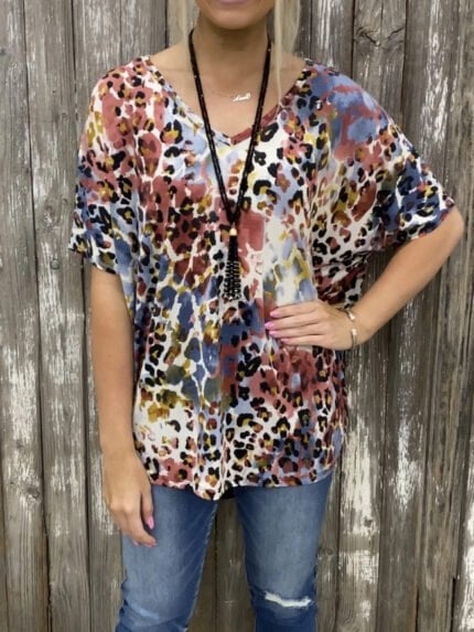 V-Neck Mixed Leopard Short Sleeve T-Shirt