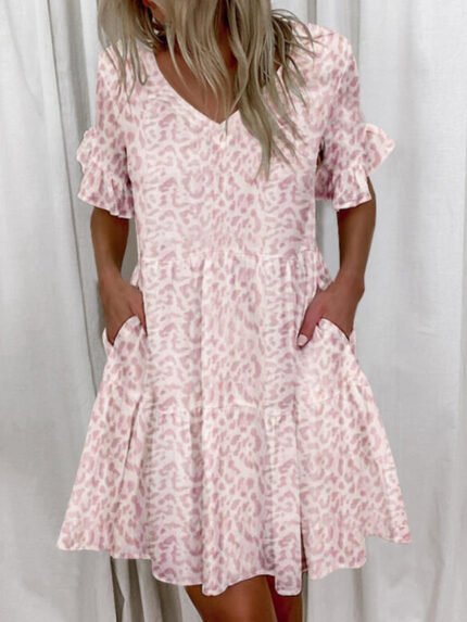 V-Neck Printed Ruffle Sleeve Dress