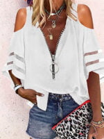 V-Neck Zip Half-Flare Sleeve Casual Shirt