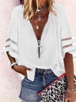 Wholesale V-Neck Zip Mesh Panel Flared Sleeve Shirt