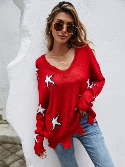 V-neck Irregular Star Print Sweater