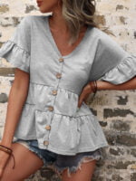 V-neck button ruffle t-shirt