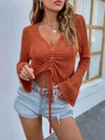 V-neck cutout drawstring knit top