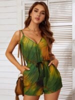 V-neck drawstring print jumpsuit