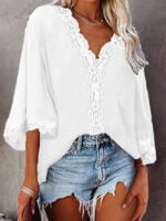 V-neck lace flared sleeve shirt