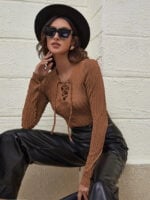 V-neck lace-up long-sleeved T-shirt