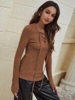 V-neck lace-up long-sleeved T-shirt