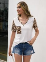 Wholesale V-neck leopard-print panel T-shirt