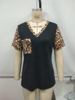 Wholesale V-neck leopard-print panel T-shirt