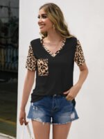 Wholesale V-neck leopard-print panel T-shirt