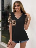 Wholesale V-neck leopard-print panel T-shirt