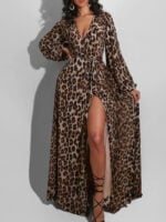 V-neck leopard print slit dress