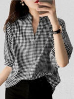 V-neck plaid puff sleeve top