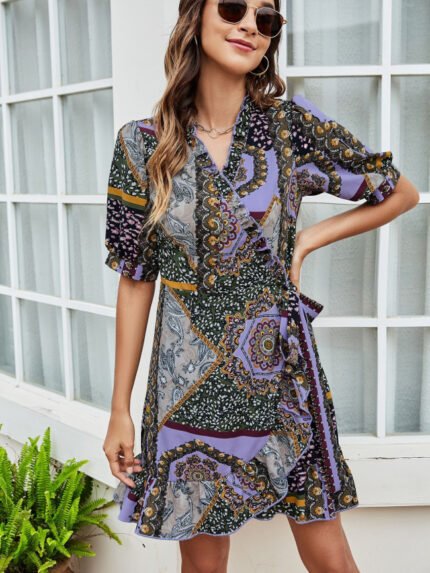 Wholesale V-neck ruffled printed lace-up dress