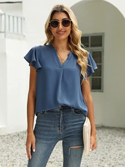 V-neck ruffled short-sleeved chiffon shirt