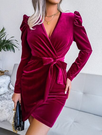 V neck sexy velvet wrap hip dress