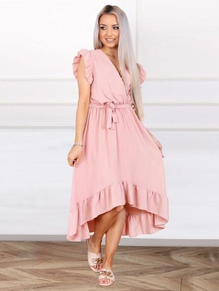 Wholesale V-neck sleeveless ruffled lace-up dress