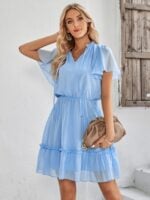 V-neck solid color ruffled dress