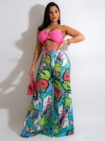 V-neck tube top printed wide leg trousers Set