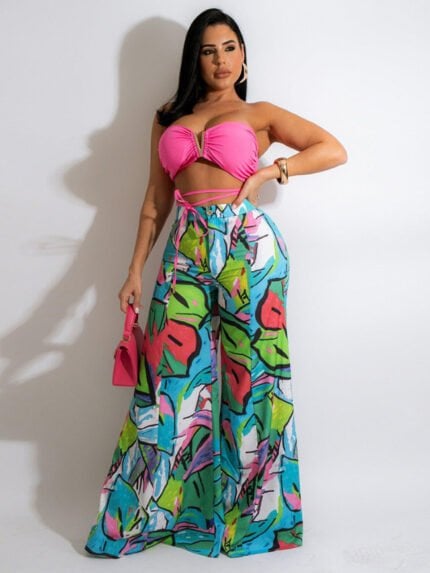 V-neck tube top printed wide leg trousers Set