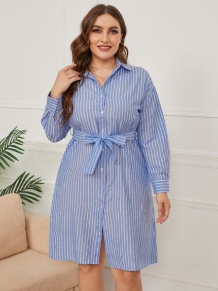 Plus Vertical Striped Belted Shirt Dress