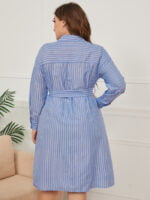 Plus Vertical Striped Belted Shirt Dress