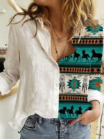 Vintage Ethnic Print Panel Button Shirt