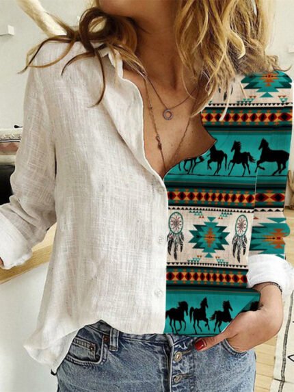 Vintage Ethnic Print Panel Button Shirt