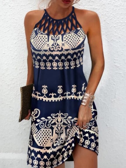 Vintage Print Cutout Halter Dress