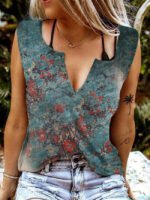 Wholesale Vintage Print Eyelet V-Neck Tank Top