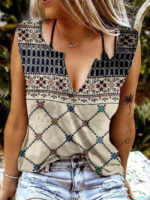 Wholesale Vintage Print Eyelet V-Neck Tank Top