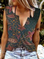 Wholesale Vintage Print Eyelet V-Neck Tank Top