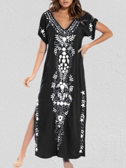 Wholesale Vintage Print V-Neck Beach Dress